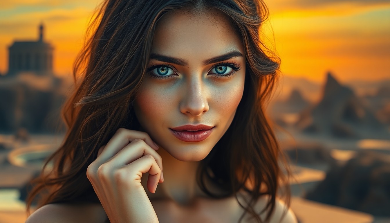 AI generated art for prompt: Envision an enchanting Western European woman with piercing sapphire eyes and cascading raven hair, 