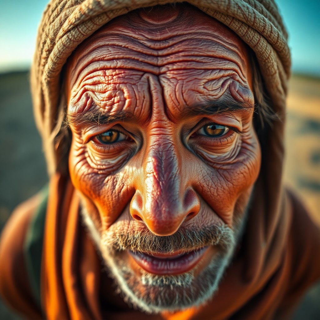 AI generated art for prompt: Craft a hyper-realistic portrait showcasing an experienced nomad's serene expression captured from a