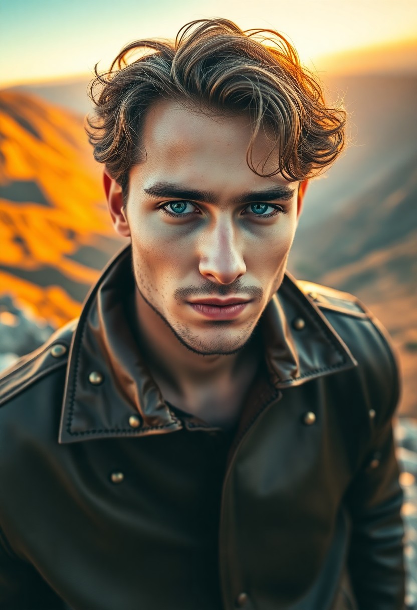 AI generated art for prompt: A highly detailed portrait photograph showcases a youthful Southern European man with gentle blue ey