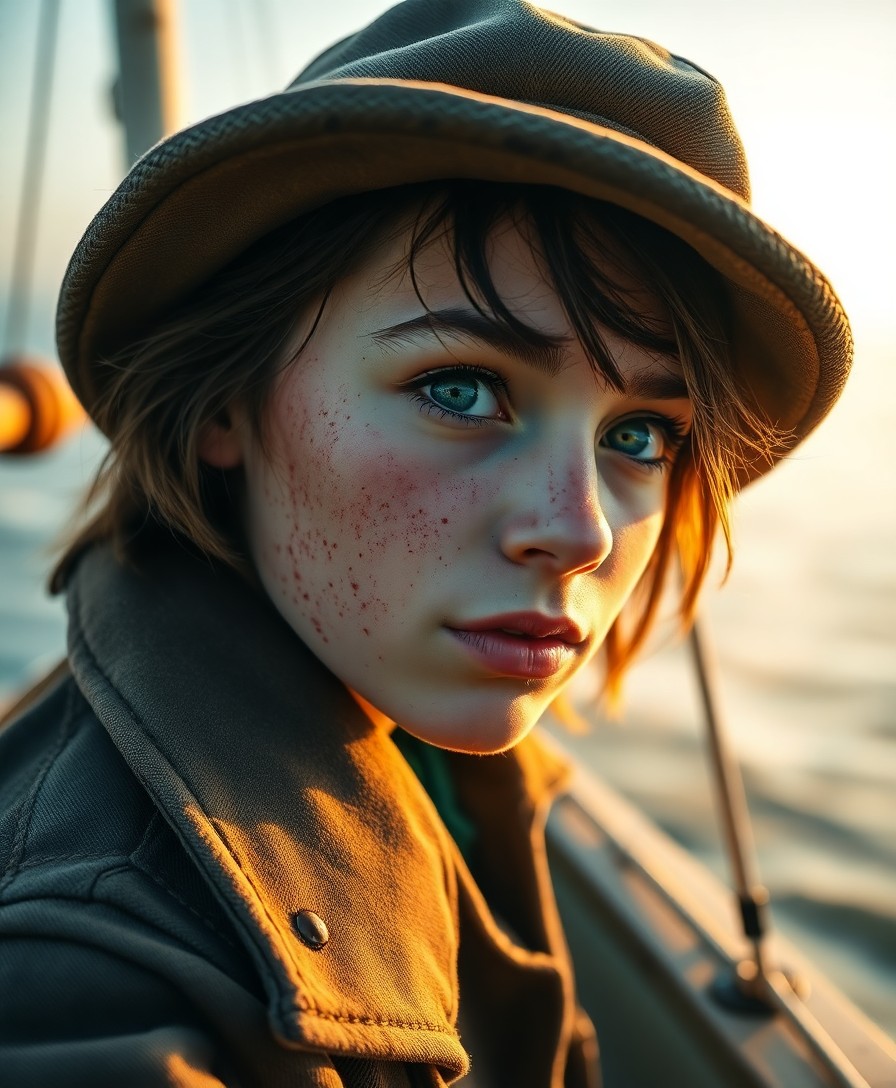 AI generated art for prompt: A portrait photograph captures a sun-kissed girl with weathered skin, deep sea-green eyes, and rough