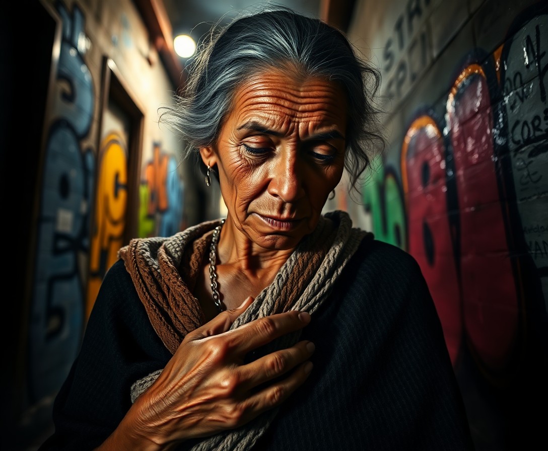 AI generated art for prompt: Envision a photorealistic portrait of an enigmatic elderly Amazonian woman captured in a dimly lit a