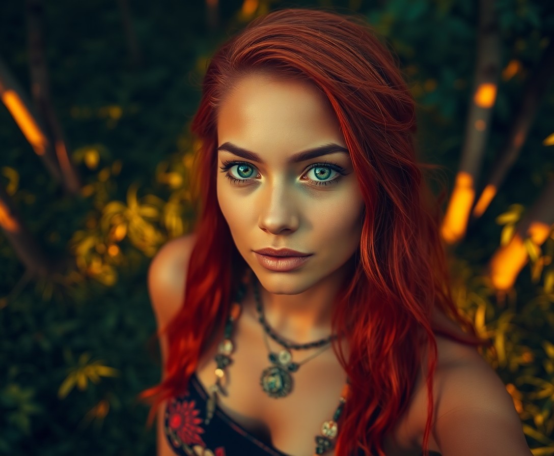 AI generated art for prompt: Depict a photorealistic portrait of a young Polynesian woman with misty blue eyes and fiery red hair