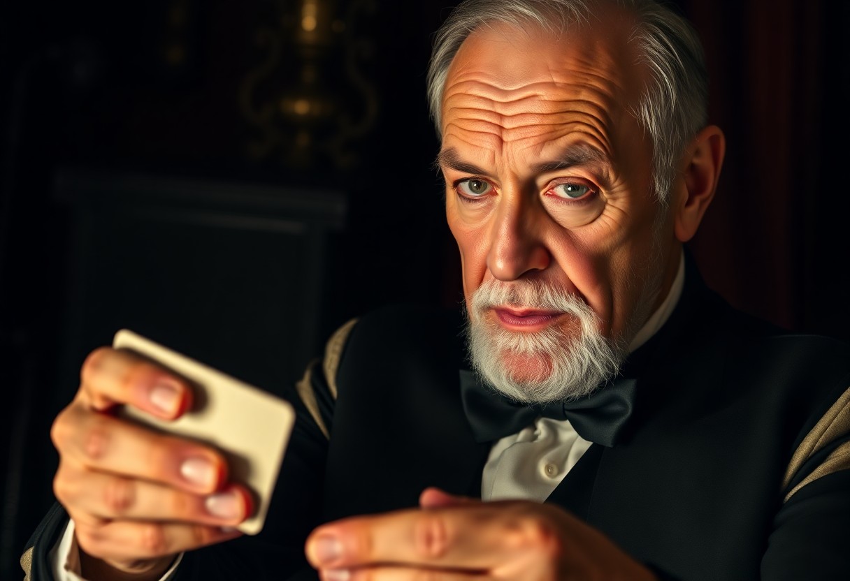 AI generated art for prompt: A smartphone-captured portrait photograph depicts an aged magician mid-performance, his skilled hand