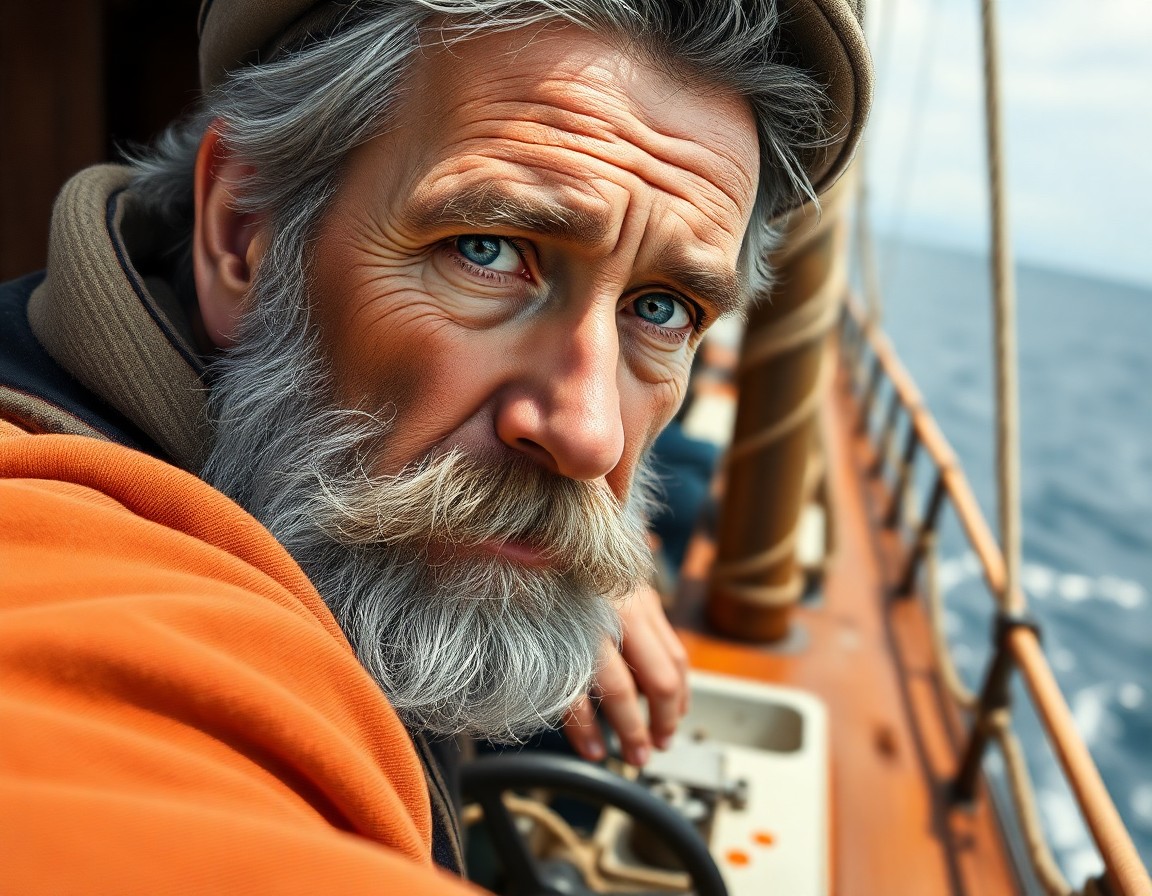 AI generated art for prompt: In an ultrarealistic oil painting portrait, a resilient sailor's rugged features and misty blue eyes