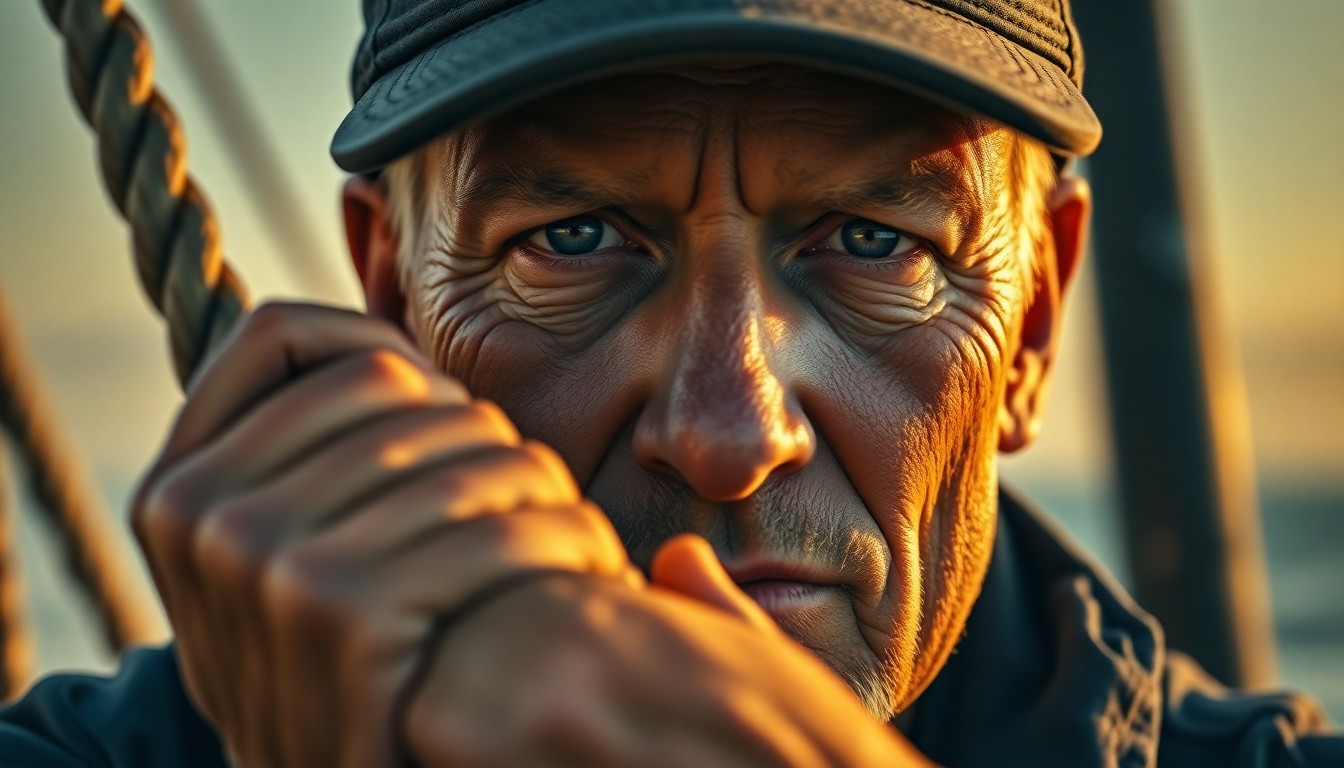 AI generated art for prompt: A super-realistic portrait reveals a classic fisherman's sun-creased skin and compassionate blue eye