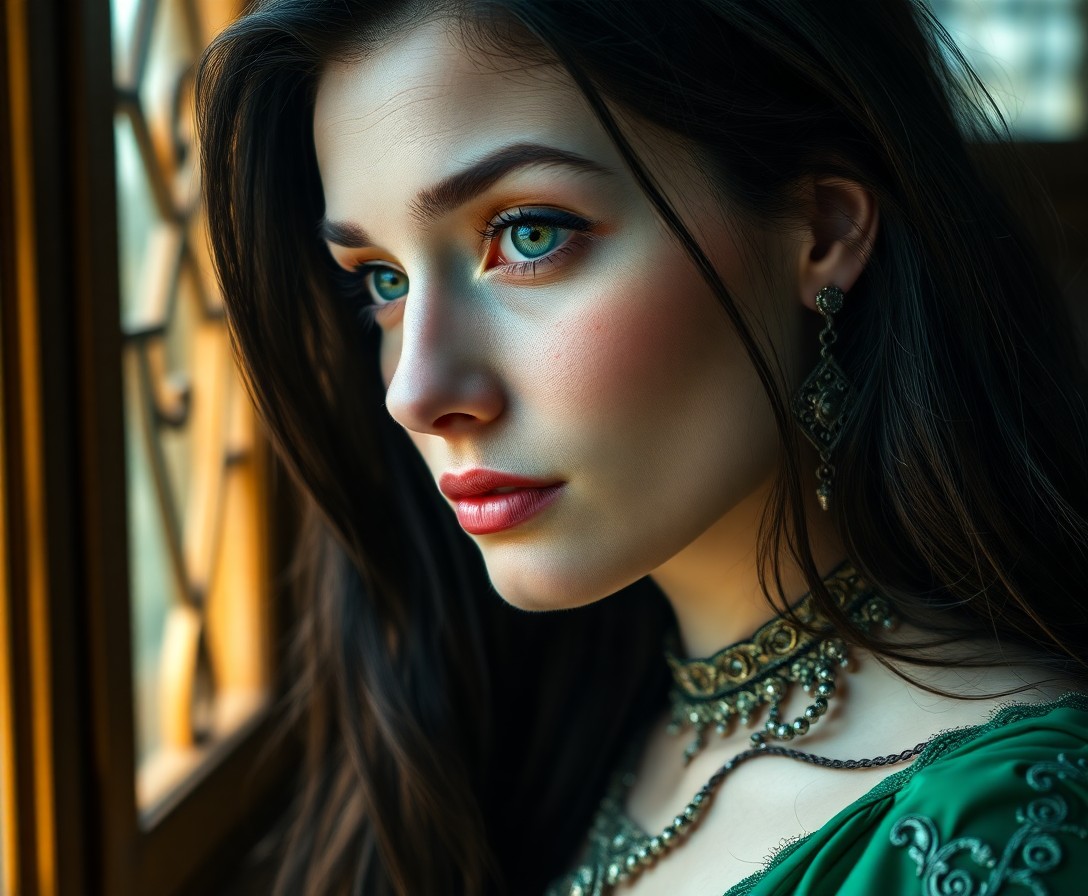 AI generated art for prompt: A highly detailed portrait photograph reveals an enigmatic Caucasian woman with soft green eyes and 