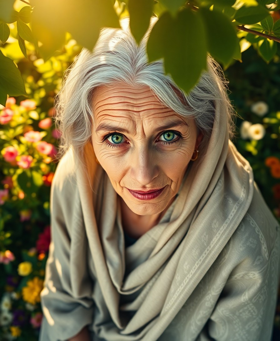 AI generated art for prompt: Craft a photorealistic portrait of an elderly Middle Eastern woman with emerald green eyes and silve