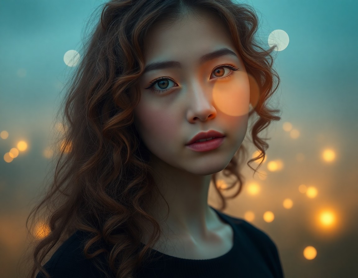 AI generated art for prompt: A mesmerizing photorealistic portrait captures an enigmatic East Asian woman in her late 20s with cl