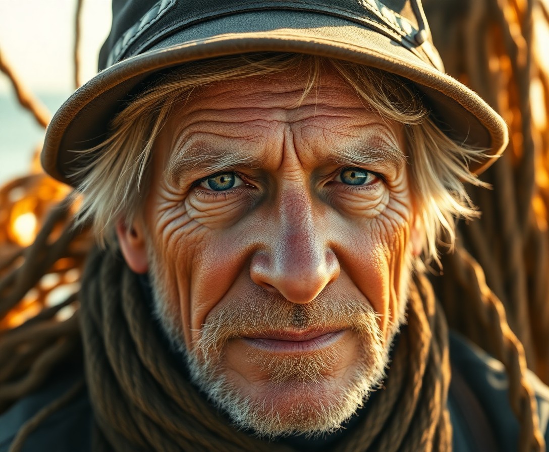 AI generated art for prompt: Craft a hyperrealistic digital painting of an intimate portrait featuring a seasoned fisherman with 