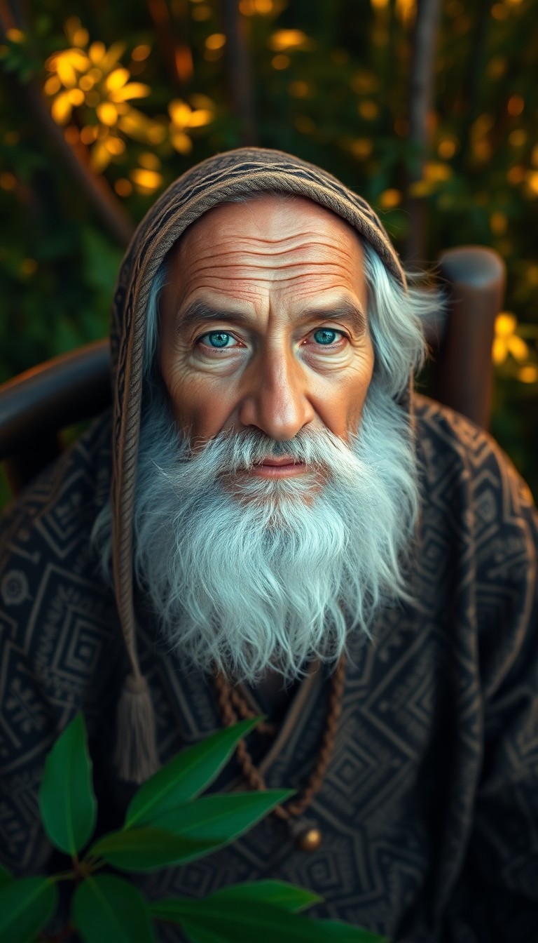 AI generated art for prompt: A photorealistic portrait photograph captures an elderly Polynesian man with piercing blue eyes and 