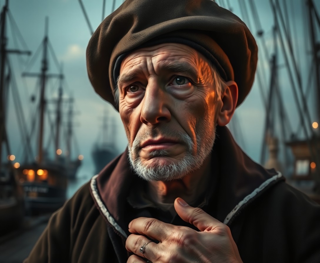 AI generated art for prompt: Render a photorealistic portrait of an aged sailor with a pensive gaze fixed on the horizon in Rembr