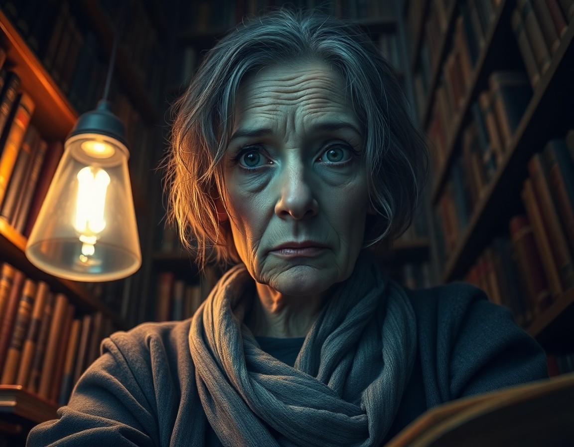 AI generated art for prompt: An ultra-realistic portrait captures a reclusive librarian's enigmatic gaze, her face partially veil