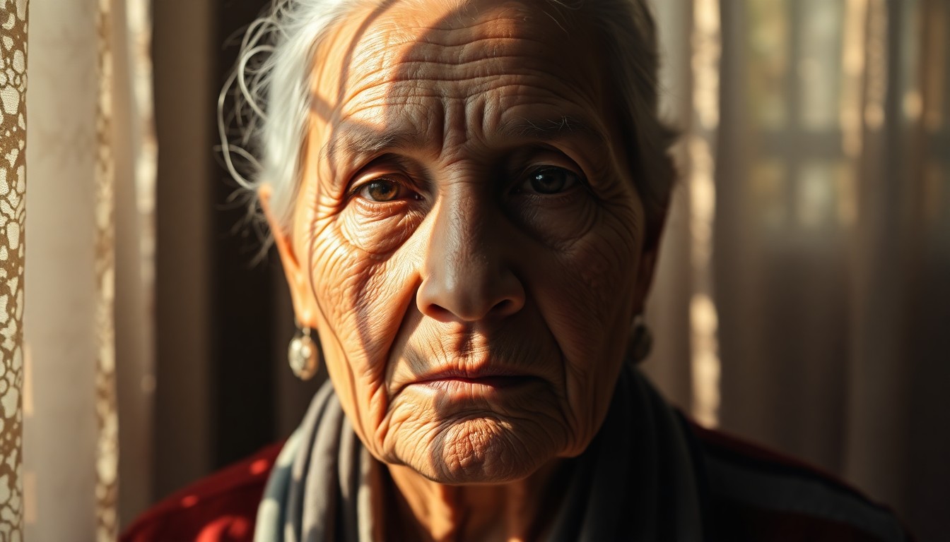 AI generated art for prompt: Visualize a serene portrait of an elderly Andean woman, her eyes creased from stories shared, as war