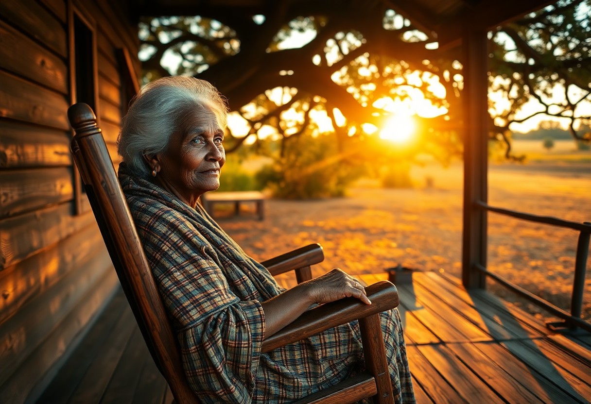 AI generated art for prompt: A serene Sub-Saharan African elder with silver hair and dreamy blue eyes sits in a rustic wooden roc