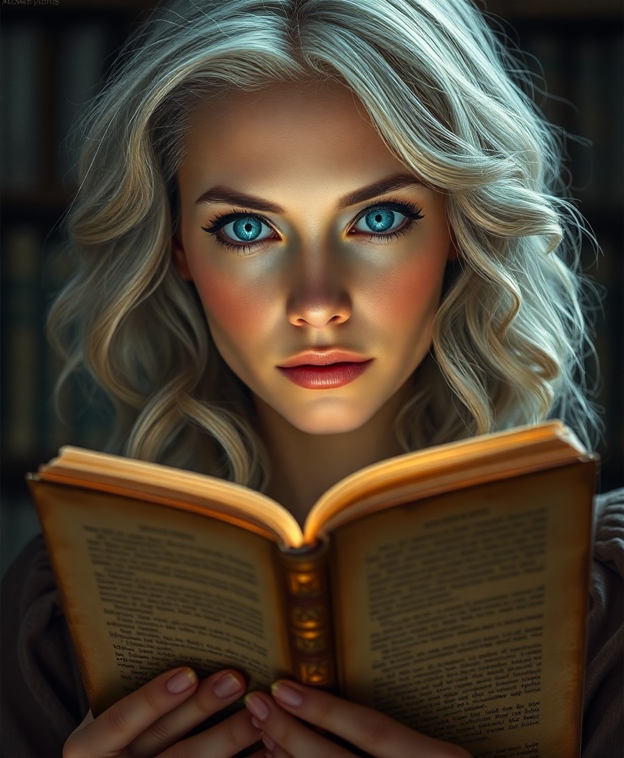 AI generated art for prompt: Craft a detailed digital portrait of an enigmatic librarian with warm blue eyes and wavy silver hair