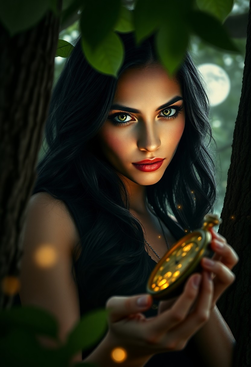 AI generated art for prompt: Craft a photorealistic portrait of an enigmatic Latin American woman with captivating green eyes and