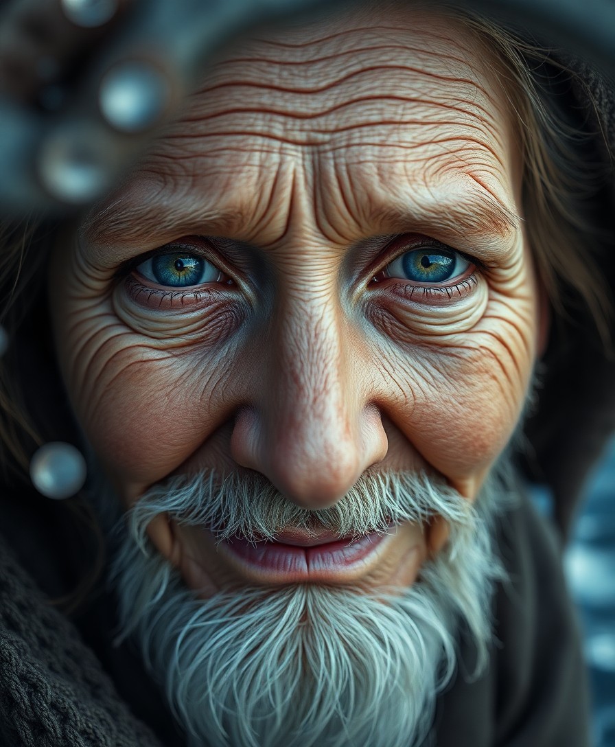 AI generated art for prompt: Craft a photorealistic digital painting portrait of an elderly girl with a shy smile and piercing bl