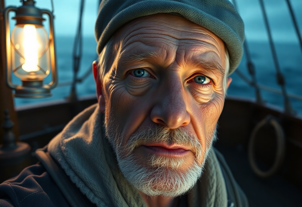 AI generated art for prompt: A photorealistic portrait photograph depicts an elderly sailor with weather-beaten features and wist