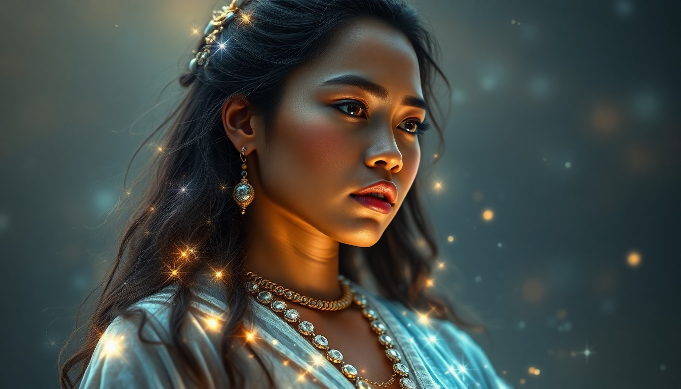 AI generated art for prompt: Create a hyper-realistic portrait of a Micronesian woman, her ethereal robes woven from starlight an