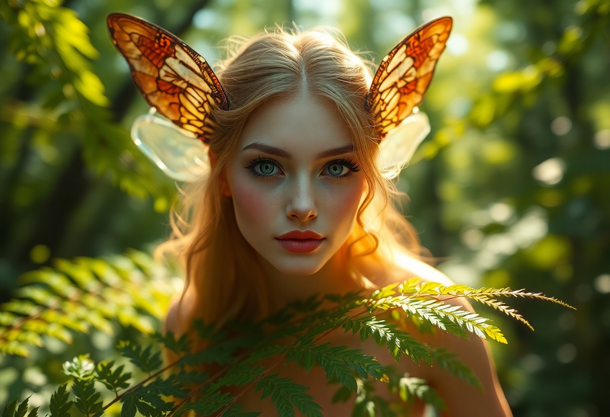 AI generated art for prompt: A superrealistic portrait captures a mystical nymph's ethereal beauty in an enchanting forest glade 