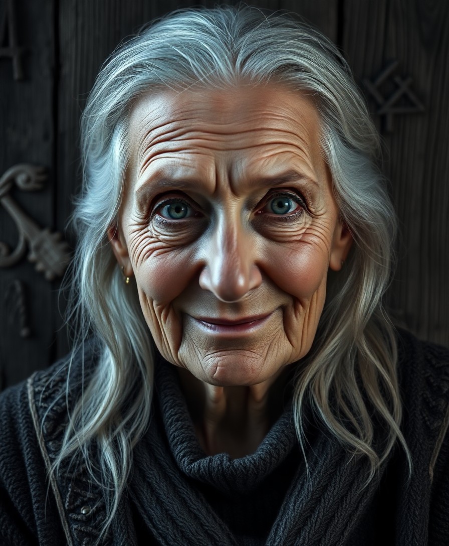 AI generated art for prompt: A super-realistic portrait reveals an enigmatic elderly Nordic woman, her eyes bearing deep wisdom a