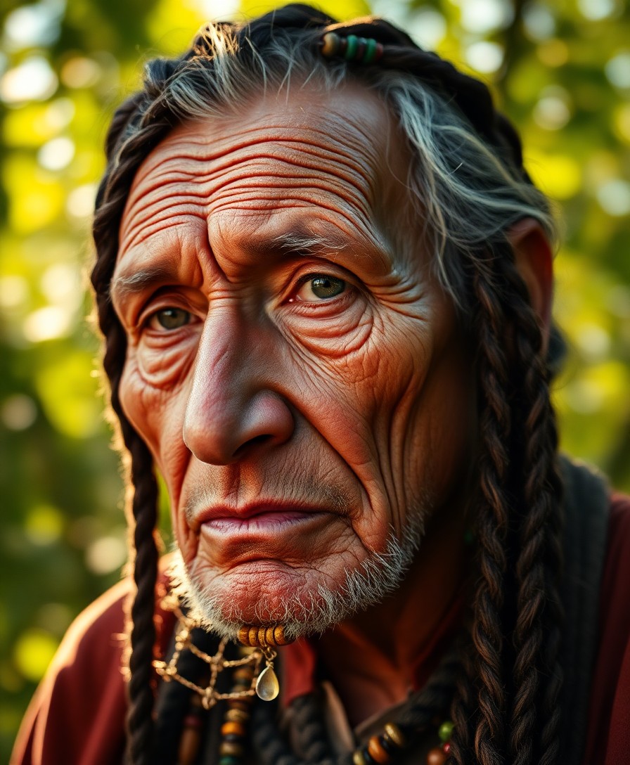 AI generated art for prompt: A photorealistic portrait photograph showcases an elderly Native American Southern European man in a