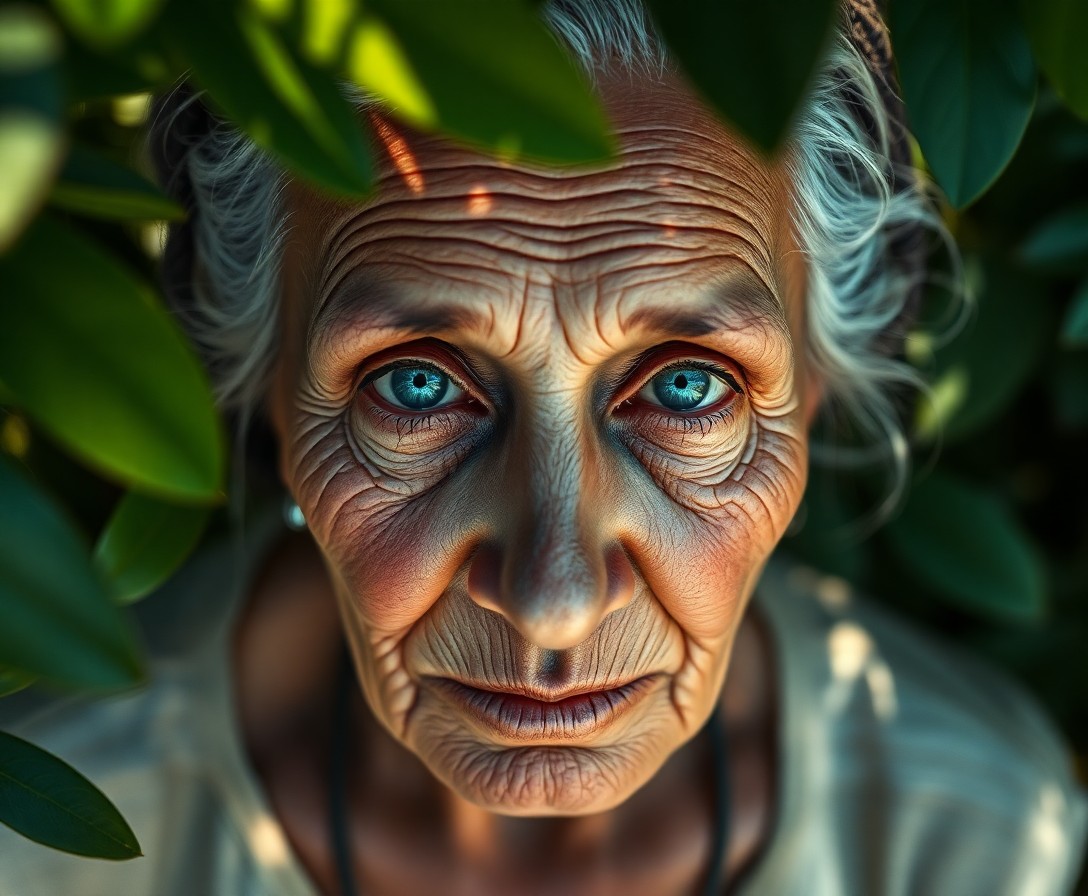 AI generated art for prompt: A captivating photorealistic portrait of an elderly Latin American woman with striking blue eyes and