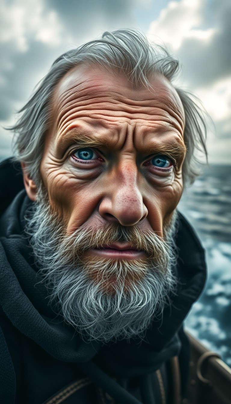 AI generated art for prompt: A hyperrealistic portrait showcases an aged sailor with clouded blue eyes and a graying beard, his w