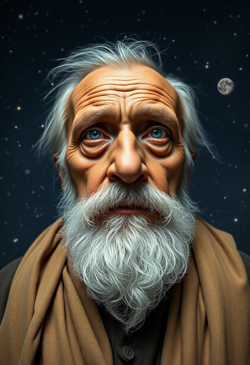 AI generated art for prompt: An ultra-realistic portrait of a wise old sage with traditional features and distant blue eyes, set 