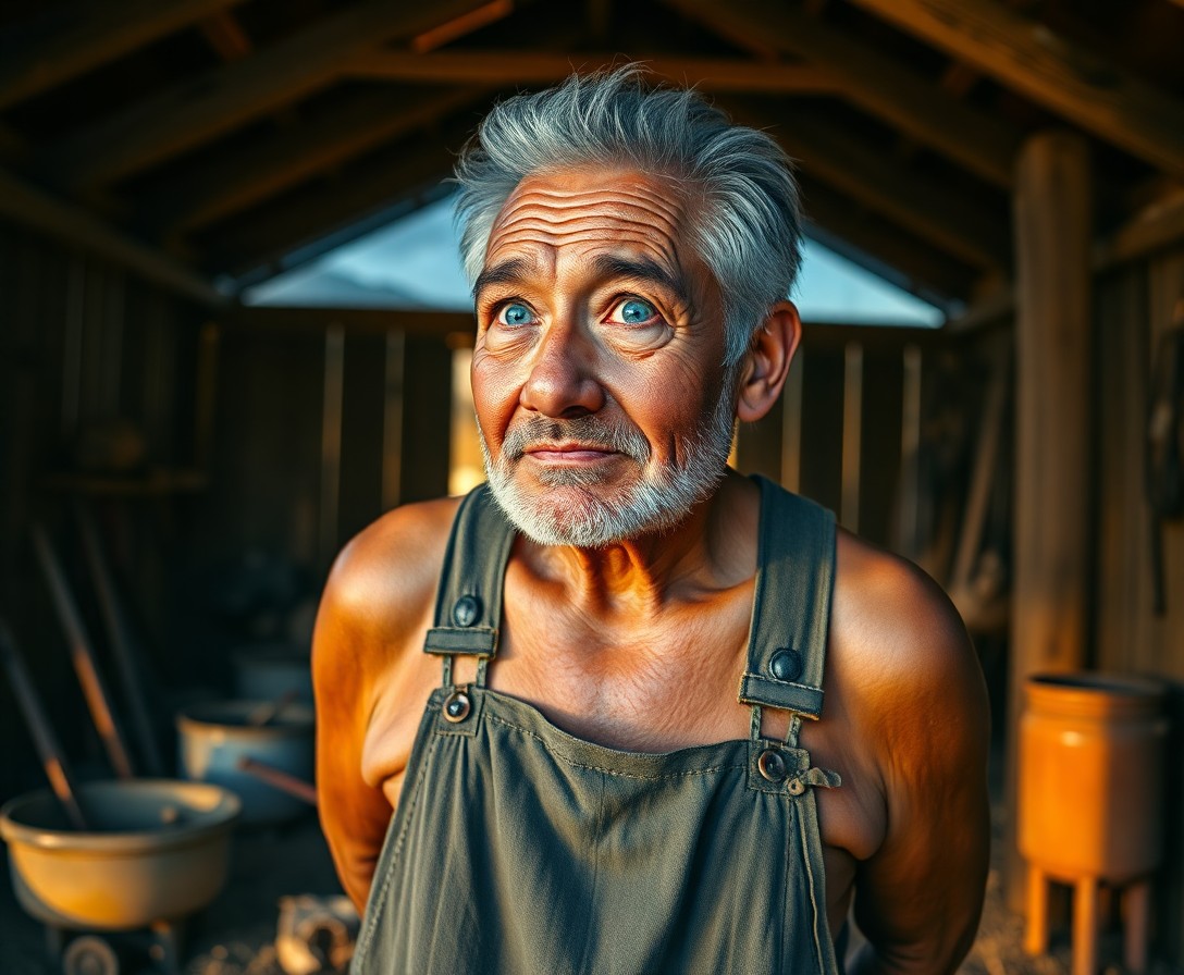 AI generated art for prompt: A photorealistic portrait of an esteemed elderly Polynesian man with clouded blue eyes, framed by de