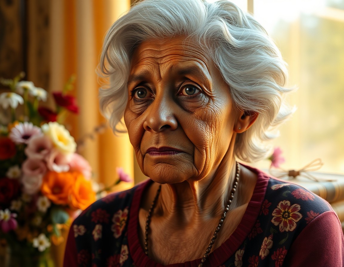 AI generated art for prompt: An ultra-realistic portrait depicts an elderly Melanesian woman with deep, soulful eyes and delicate