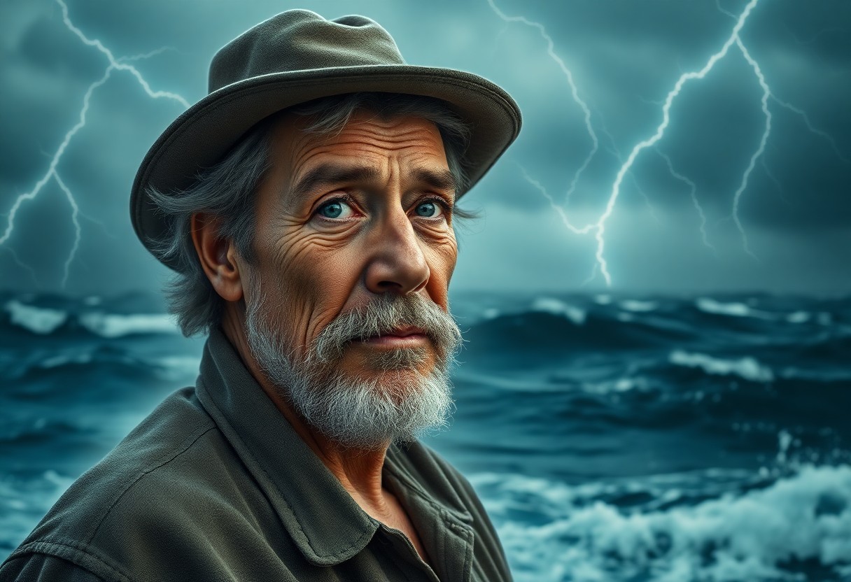 AI generated art for prompt: In a photorealistic portrait, an old-fashioned fisherman stands firm against crashing waves, his sun