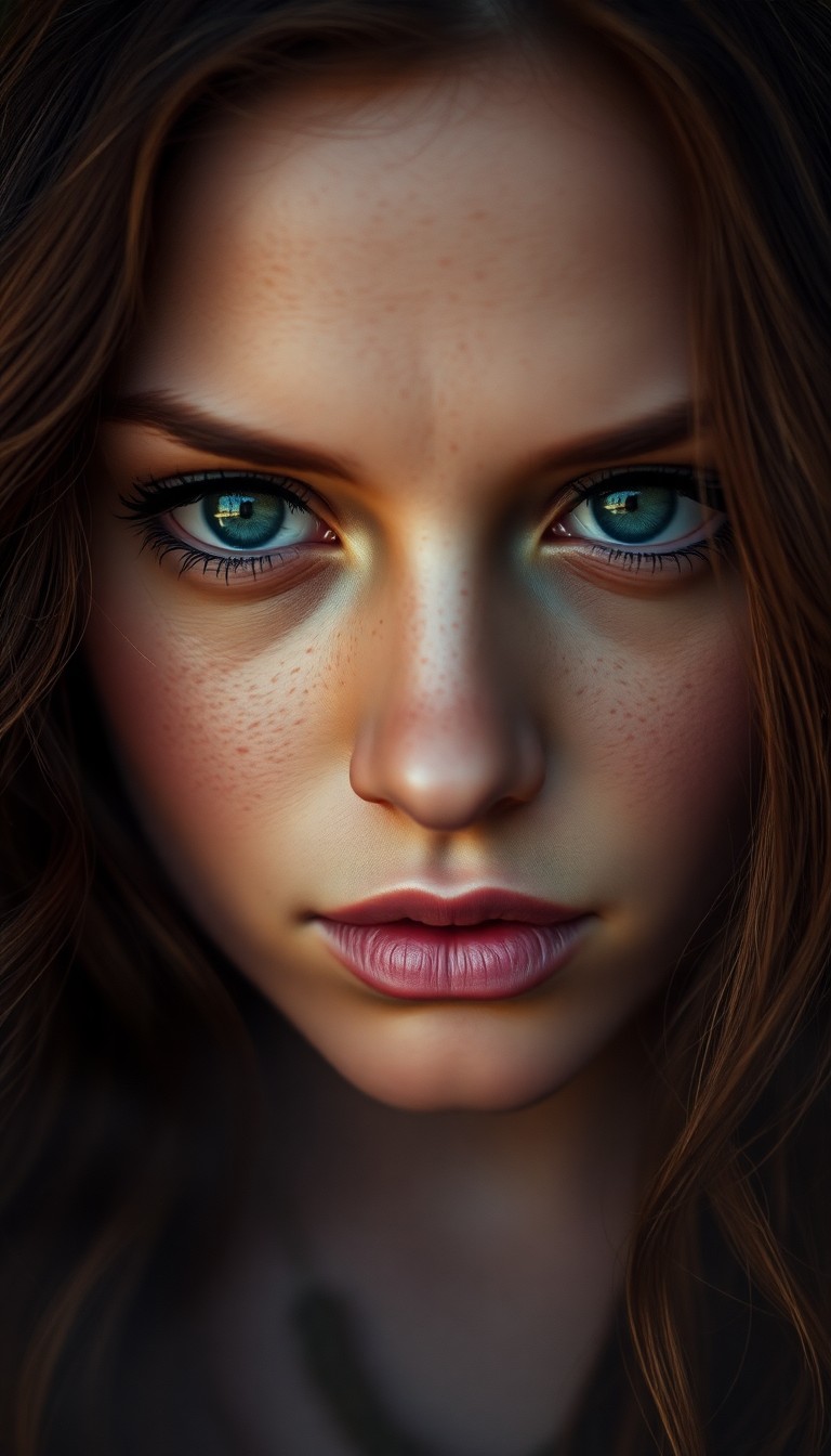 AI generated art for prompt: An intimate close-up portrait reveals an enigmatic Native American woman with piercing emerald eyes 