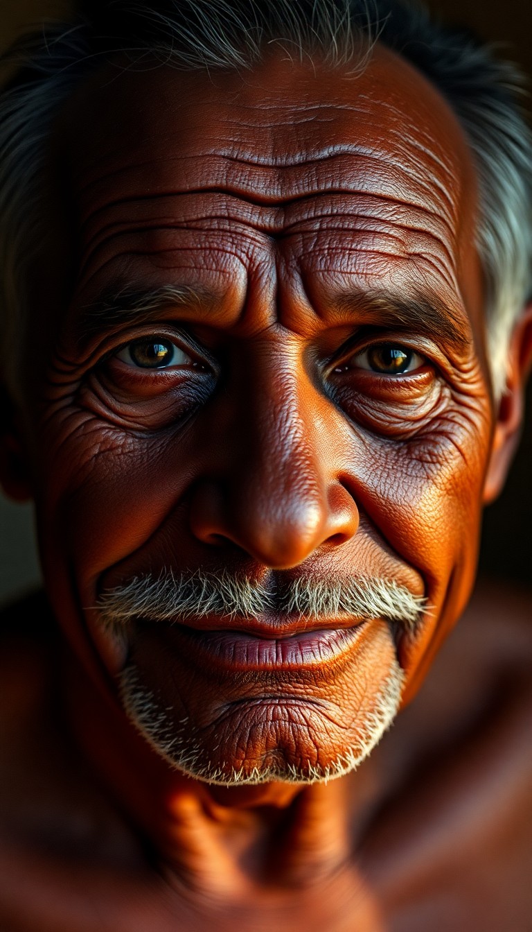 AI generated art for prompt: A photorealistic portrait photograph captures a middle-aged Aboriginal man in an unposed moment, his