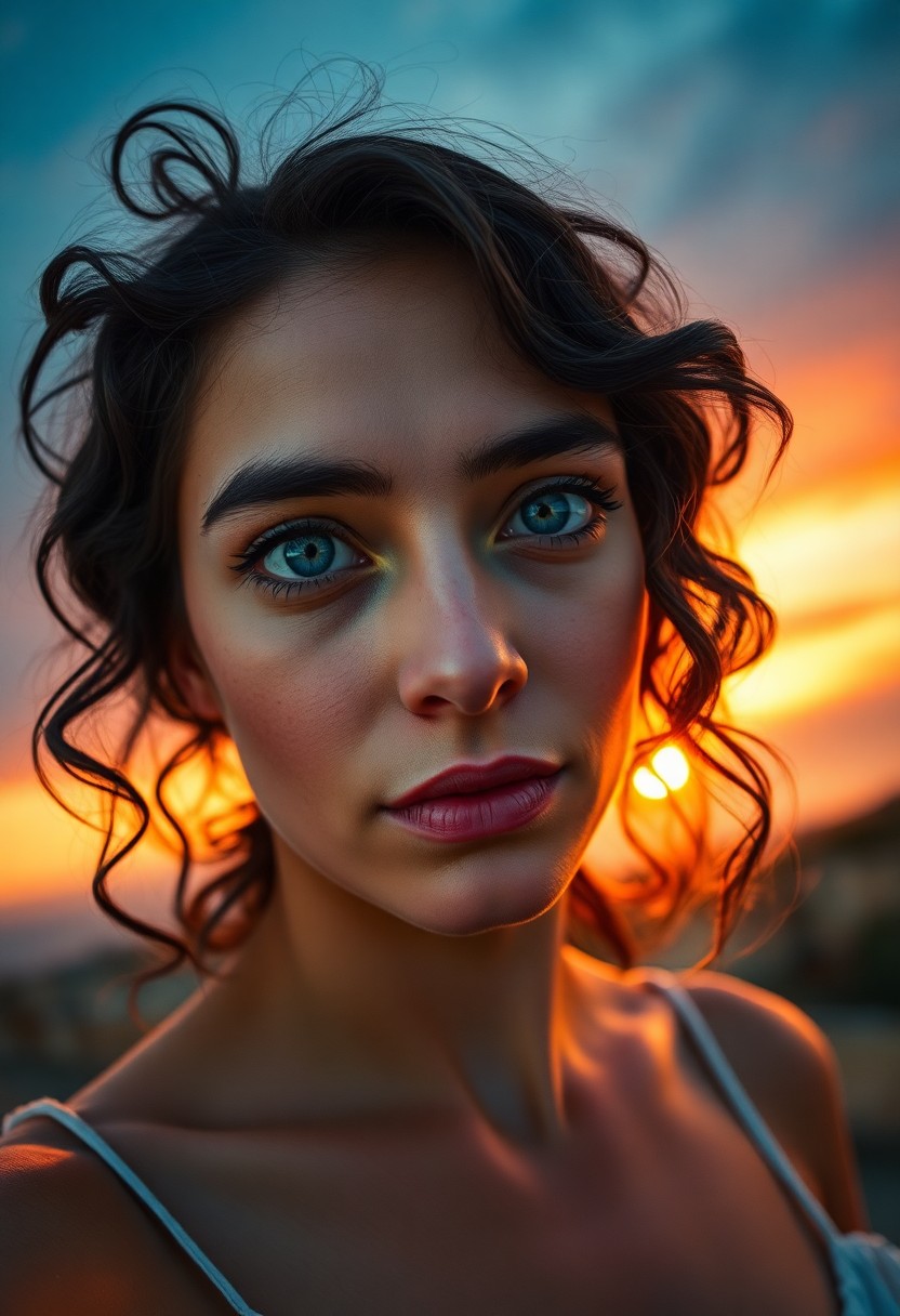 AI generated art for prompt: Craft an image of a mysterious Mediterranean woman with gentle blue eyes and dark, wavy locks, captu