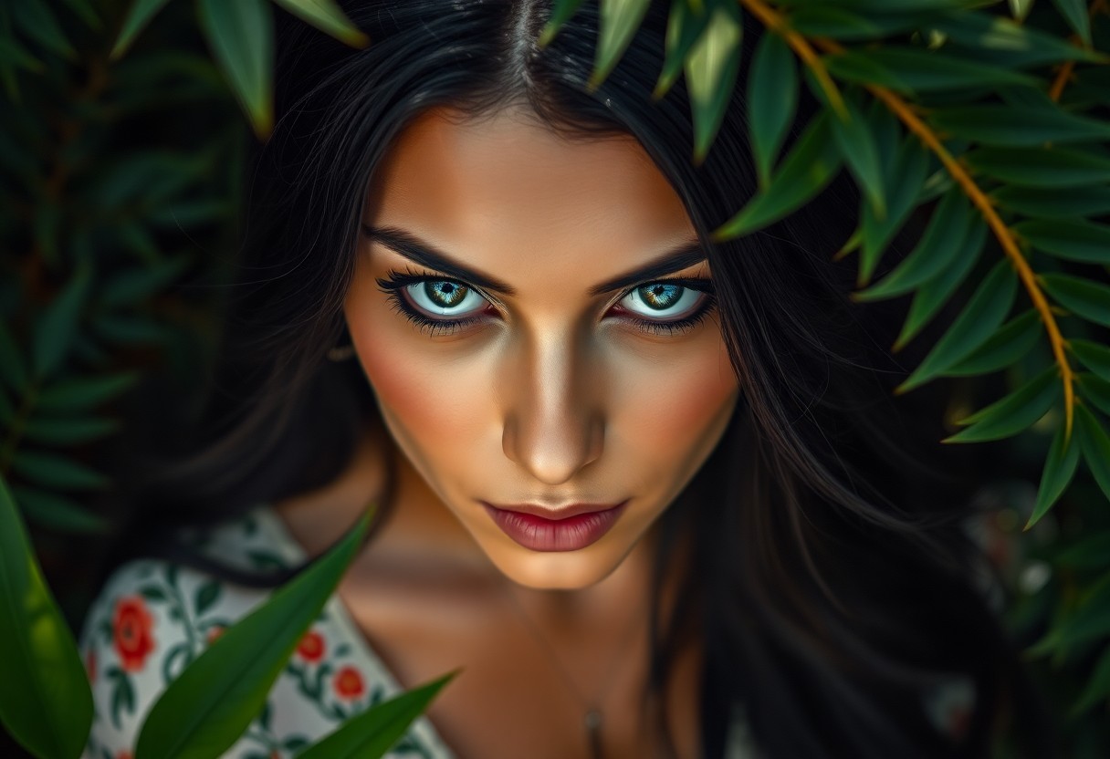 AI generated art for prompt: An ultrarealistic portrait showcases an enigmatic Amazonian woman with captivating blue eyes and rav