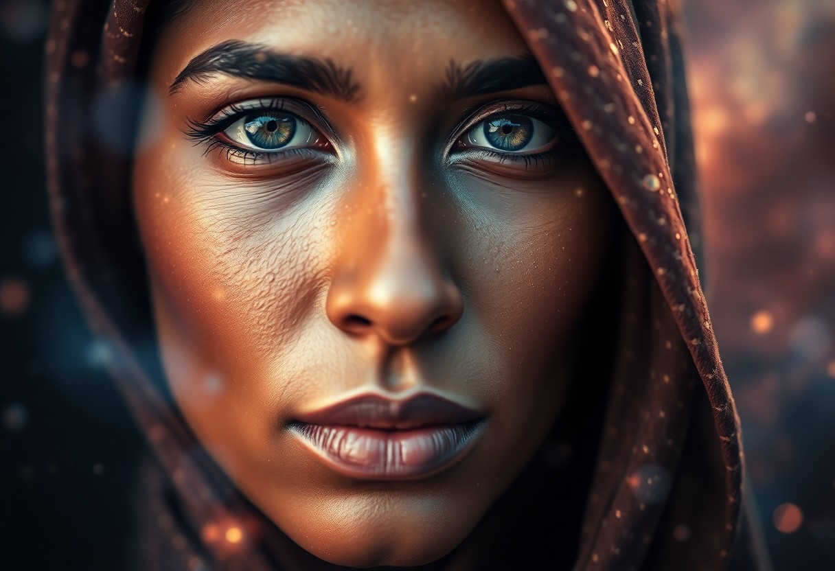 AI generated art for prompt: Craft a photorealistic portrait of a North African woman with an enigmatic gaze, her features captur