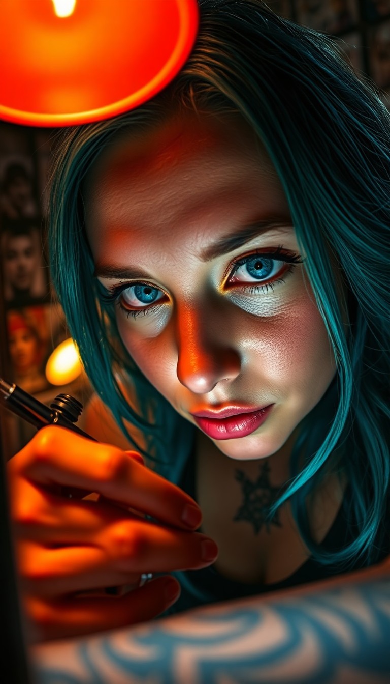 AI generated art for prompt: Visualize a photorealistic portrait of an enigmatic tattoo artist captured through a smartphone lens