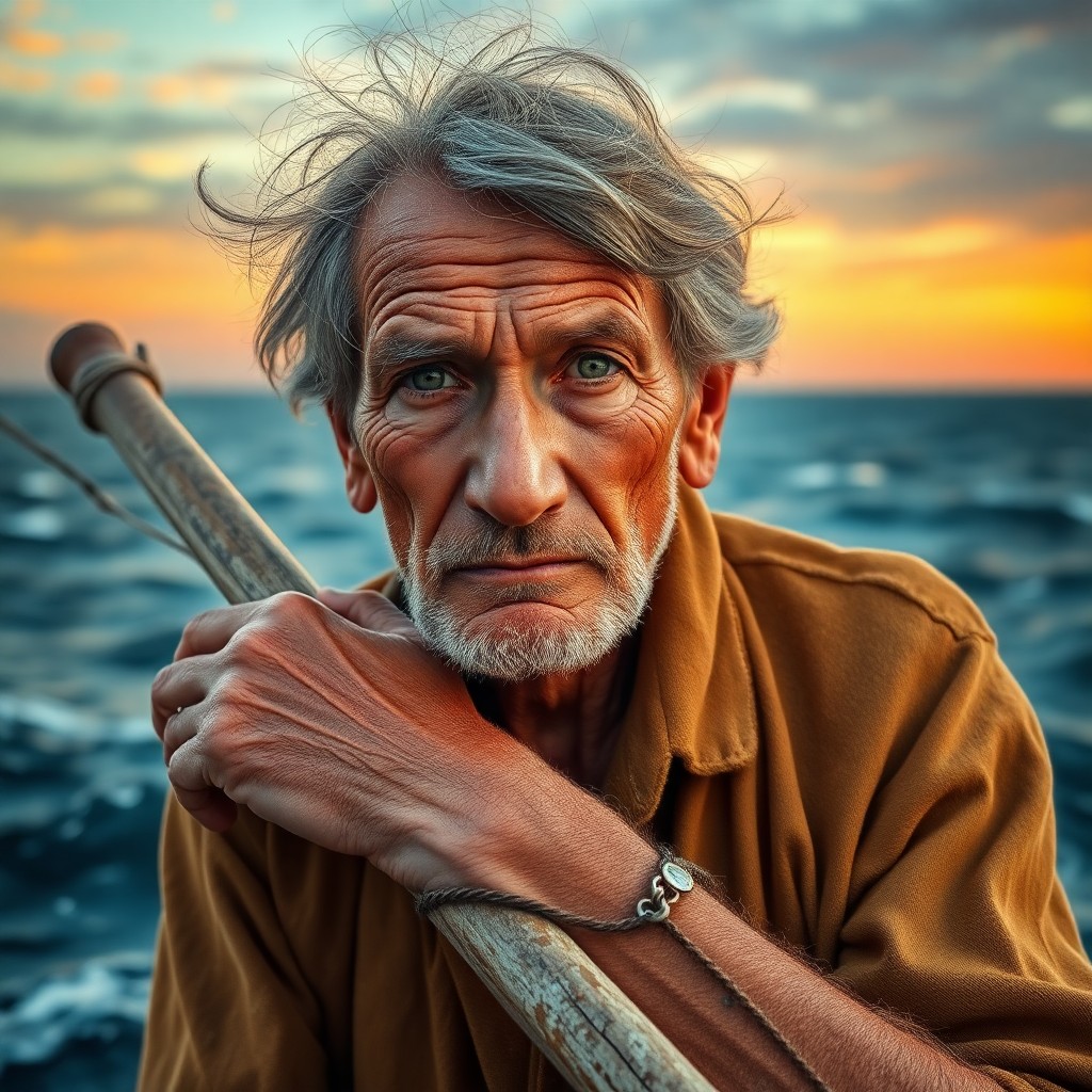 AI generated art for prompt: Envision a photorealistic portrait of an aged fisherman, his weathered skin and gentle green eyes re