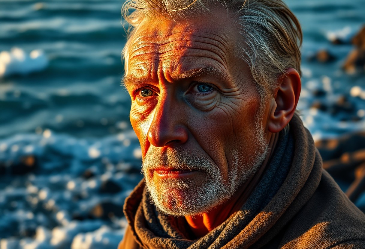 AI generated art for prompt: Visualize an ultra-realistic portrait of a seasoned fisherman with sun-kissed skin and misty blue ey