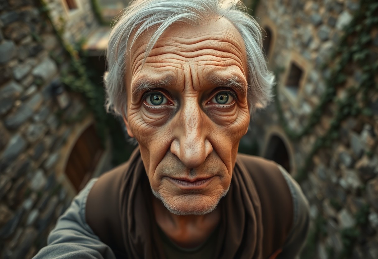 AI generated art for prompt: A captivating photorealistic portrait of an elderly wanderer with sun-kissed skin and tranquil green