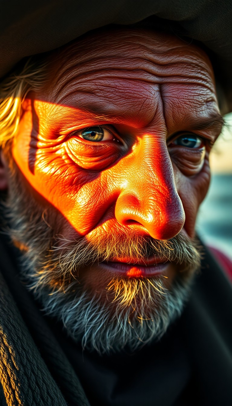 AI generated art for prompt: Craft a photorealistic portrait photograph showcasing a sun-kissed fisherman with weathered skin and