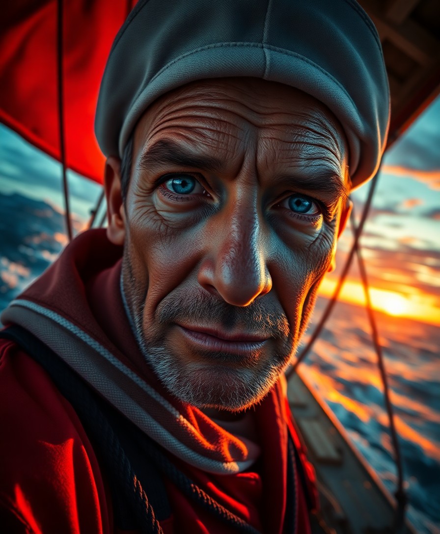 AI generated art for prompt: A hyperrealistic portrait captures an experienced sailor's enigmatic gaze and stoic demeanor from a 