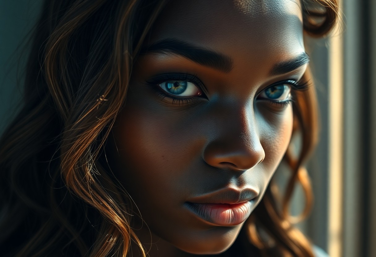 AI generated art for prompt: An intimate close-up portrait showcases an African woman with captivating hazy blue eyes and delicat