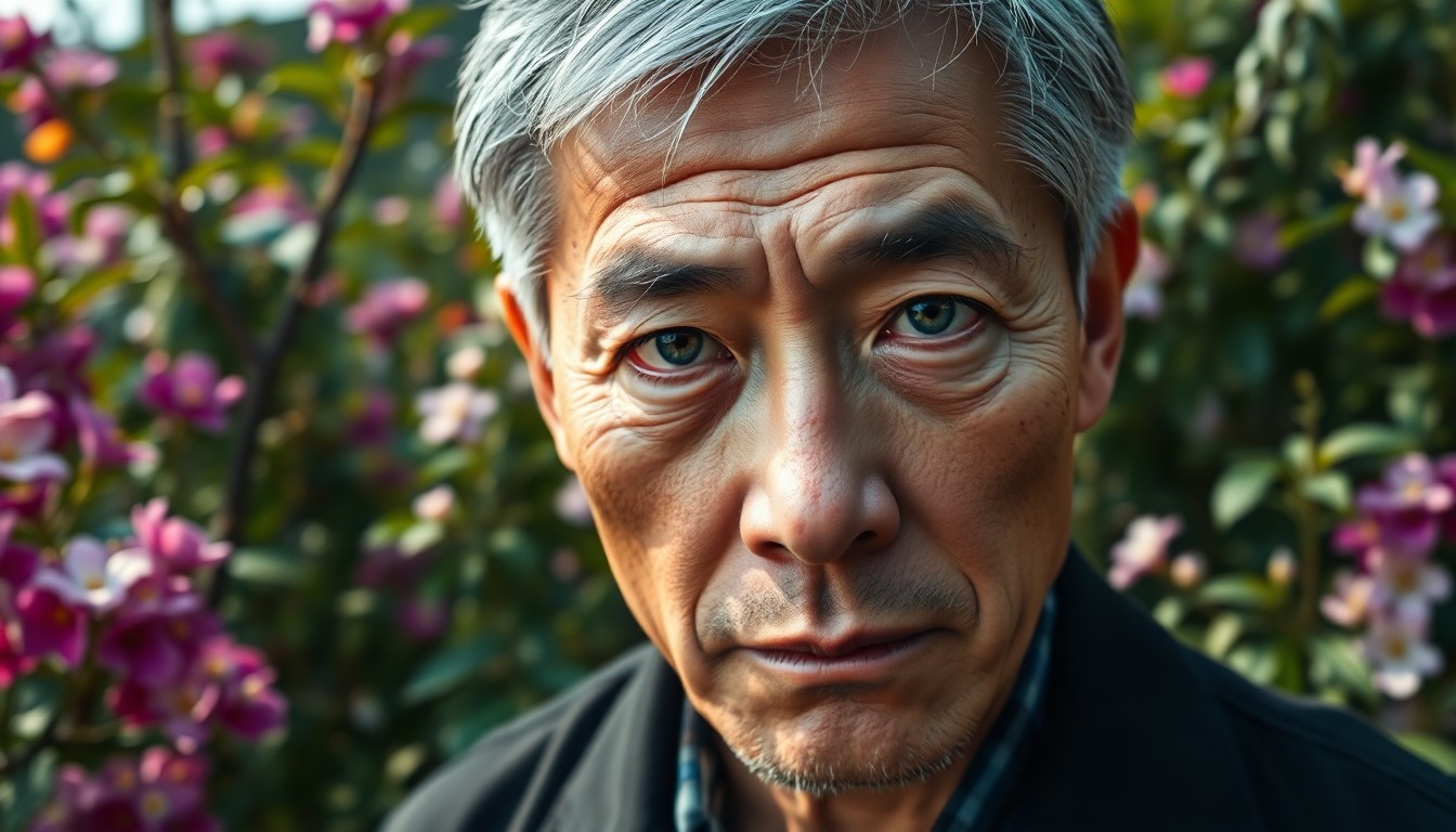 AI generated art for prompt: A photorealistic portrait of an enigmatic middle-aged East Asian man with piercing blue eyes, his ch