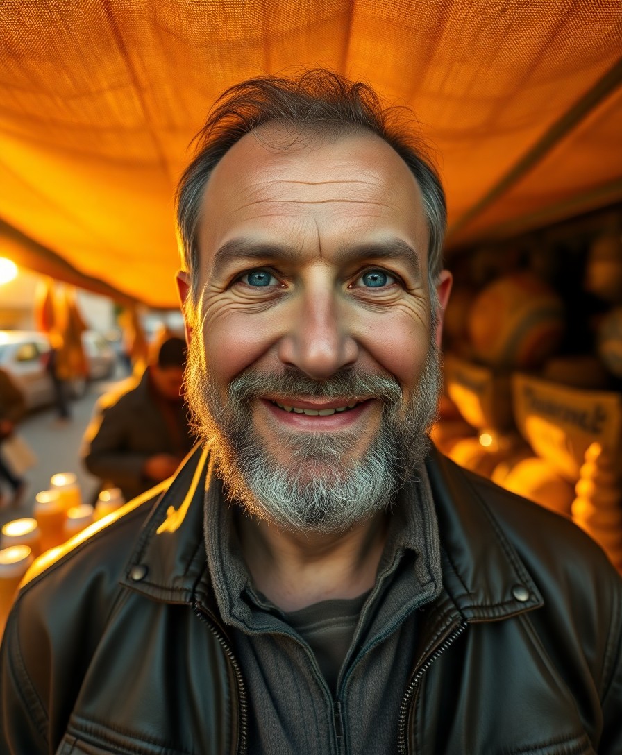 AI generated art for prompt: A hyperrealistic portrait showcases a middle-aged Central Asian man with sun-kissed skin and compass