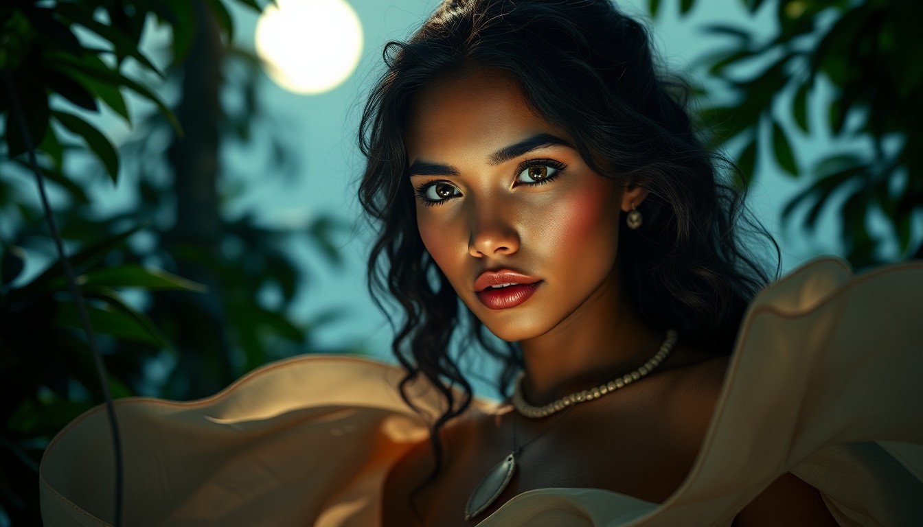 AI generated art for prompt: Craft an ultra-realistic portrait of a captivating Pacific Islander woman with cascading, wavy hair 