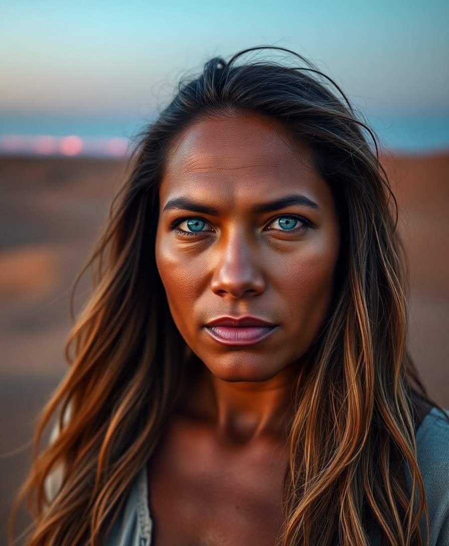 AI generated art for prompt: A poignant DSLR portrait captures a stoic Pacific Islander woman in her late thirties amidst an infi