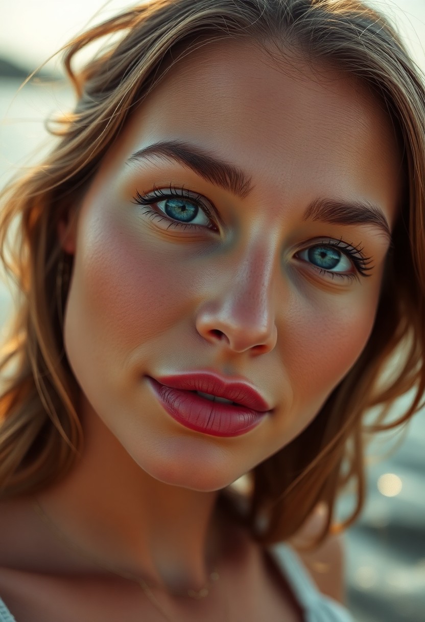 AI generated art for prompt: Craft a photorealistic portrait showcasing sun-kissed skin and piercing blue eyes from an unconventi