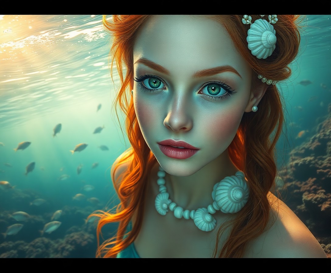 AI generated art for prompt: Craft a photorealistic portrait of an alluring mermaid with cascading auburn locks and mesmerizing e